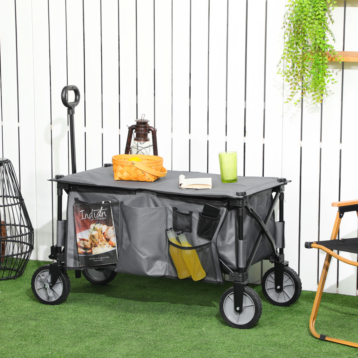Folding Garden Trolley – Collapsible Camping Wagon with Steel Frame & Cover, Dark Grey