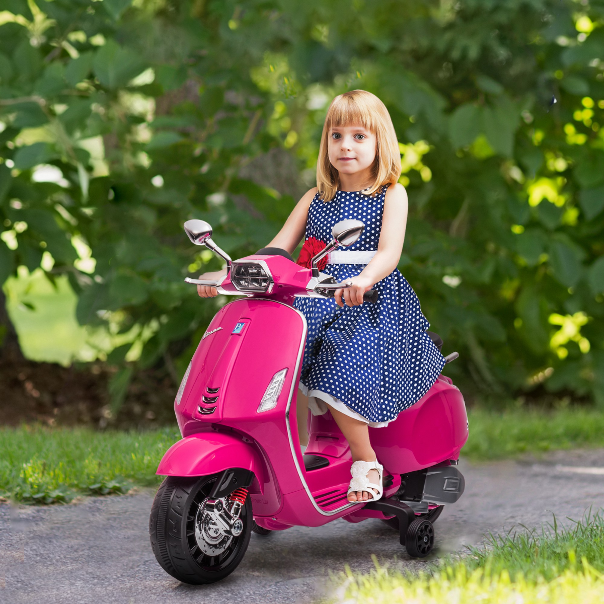 Licensed Vespa 12V Kids Electric Ride-On Motorbike with Training Wheels – Pink