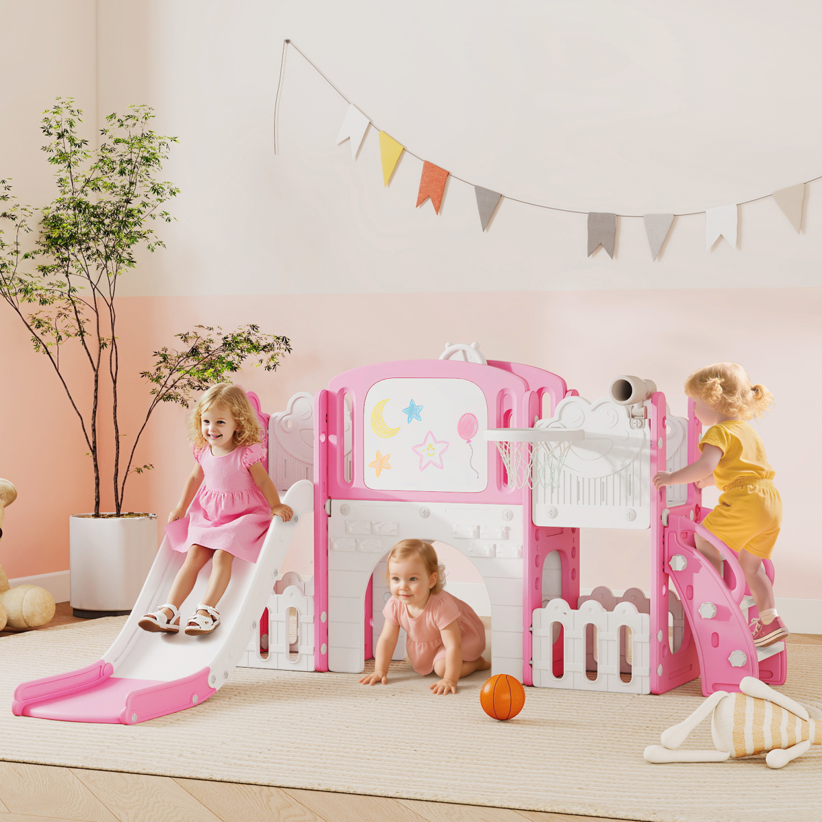 AIYAPLAY 7-in-1 Toddler Slide & Playset with Basketball Hoop, Drawing Board & Tunnel – Pink Frog Theme