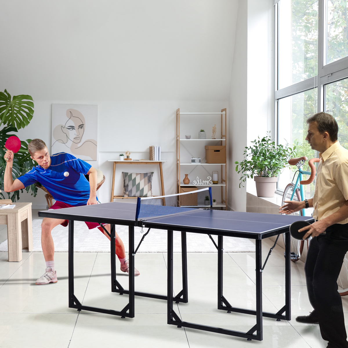 183cm Foldable Table Tennis Table with Net – Indoor Ping Pong Game, Blue