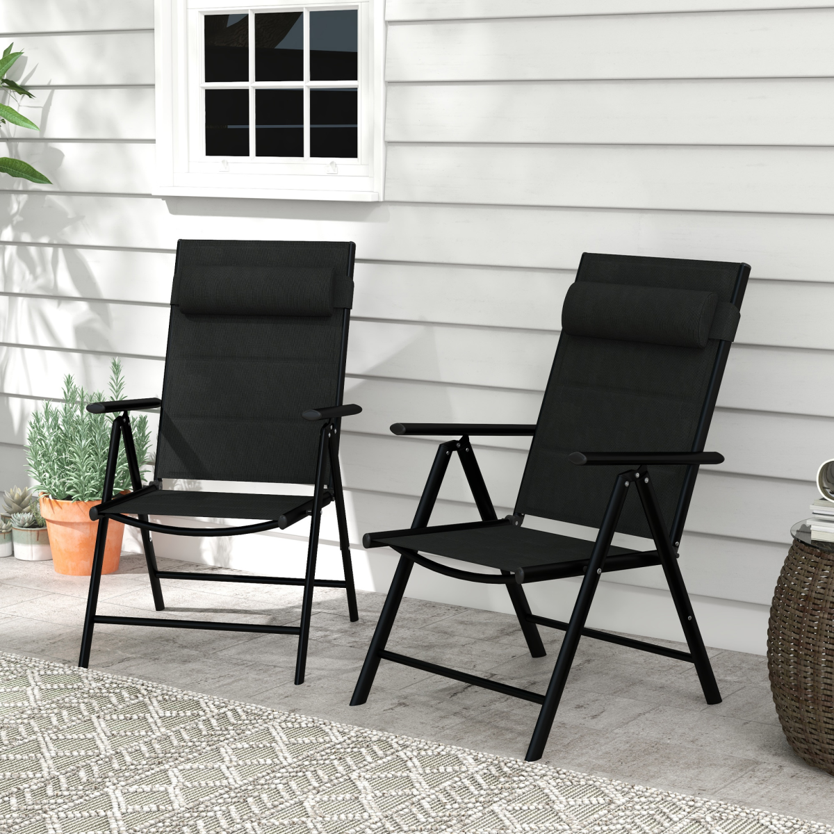 Outsunny 2PCS Outdoor Folding Chairs – Comfortable Padded Dining Chairs, Black