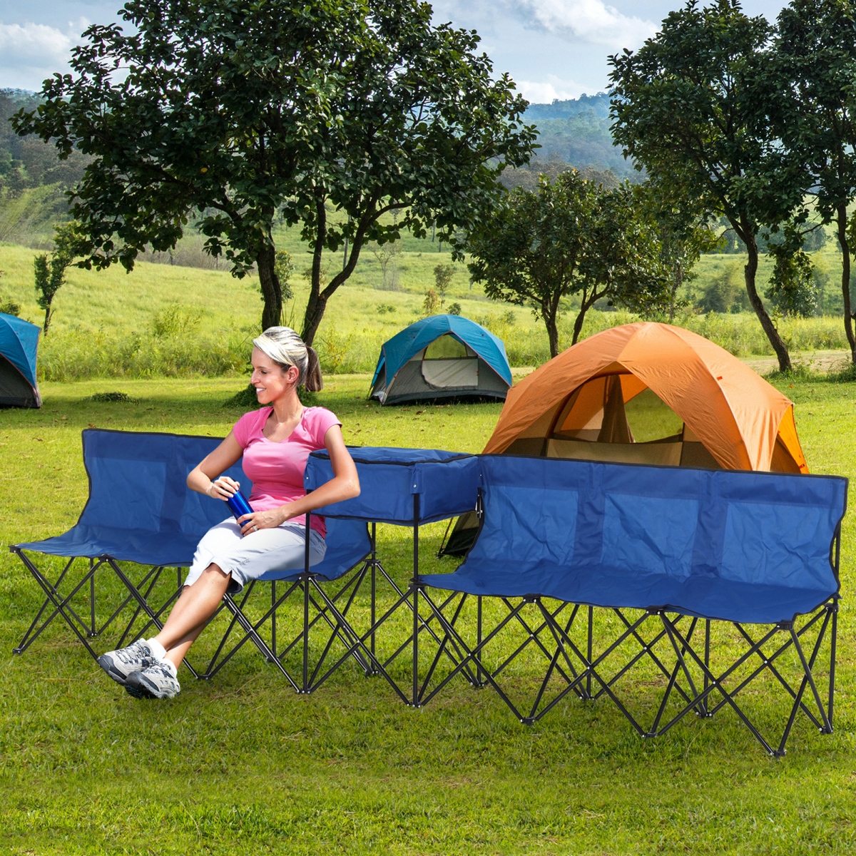 Outsunny 6-Seat Folding Camping Bench with Cooler - Portable Outdoor Comfort - All Round Fitness