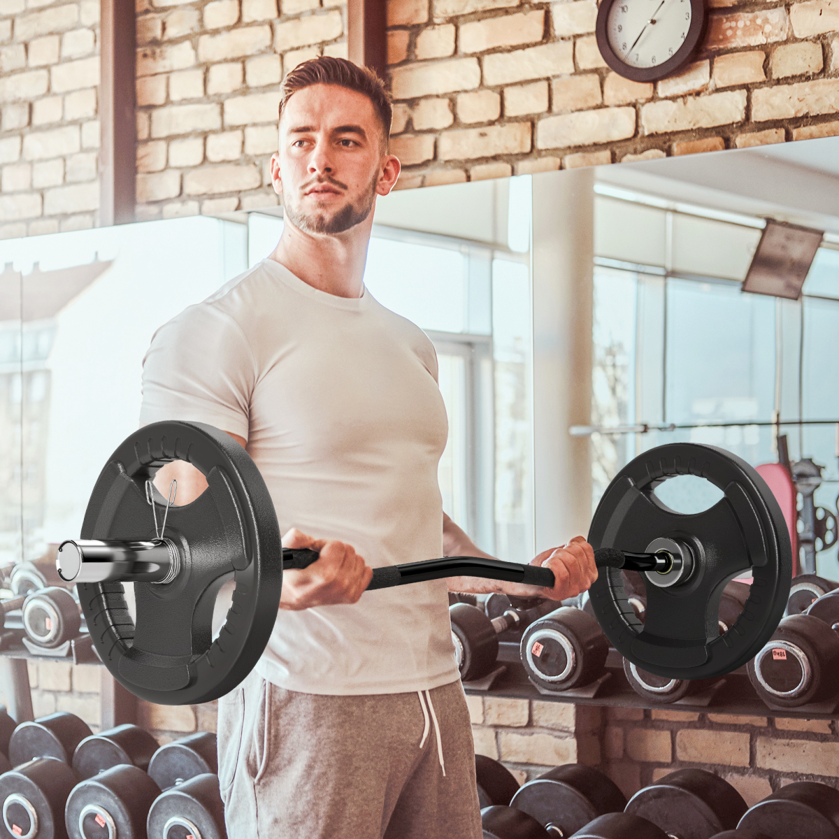 120cm EZ Curl Barbell Bar with Spring Clips – 8kg, Fits 5cm Olympic Weight Plates - All Round Fitness