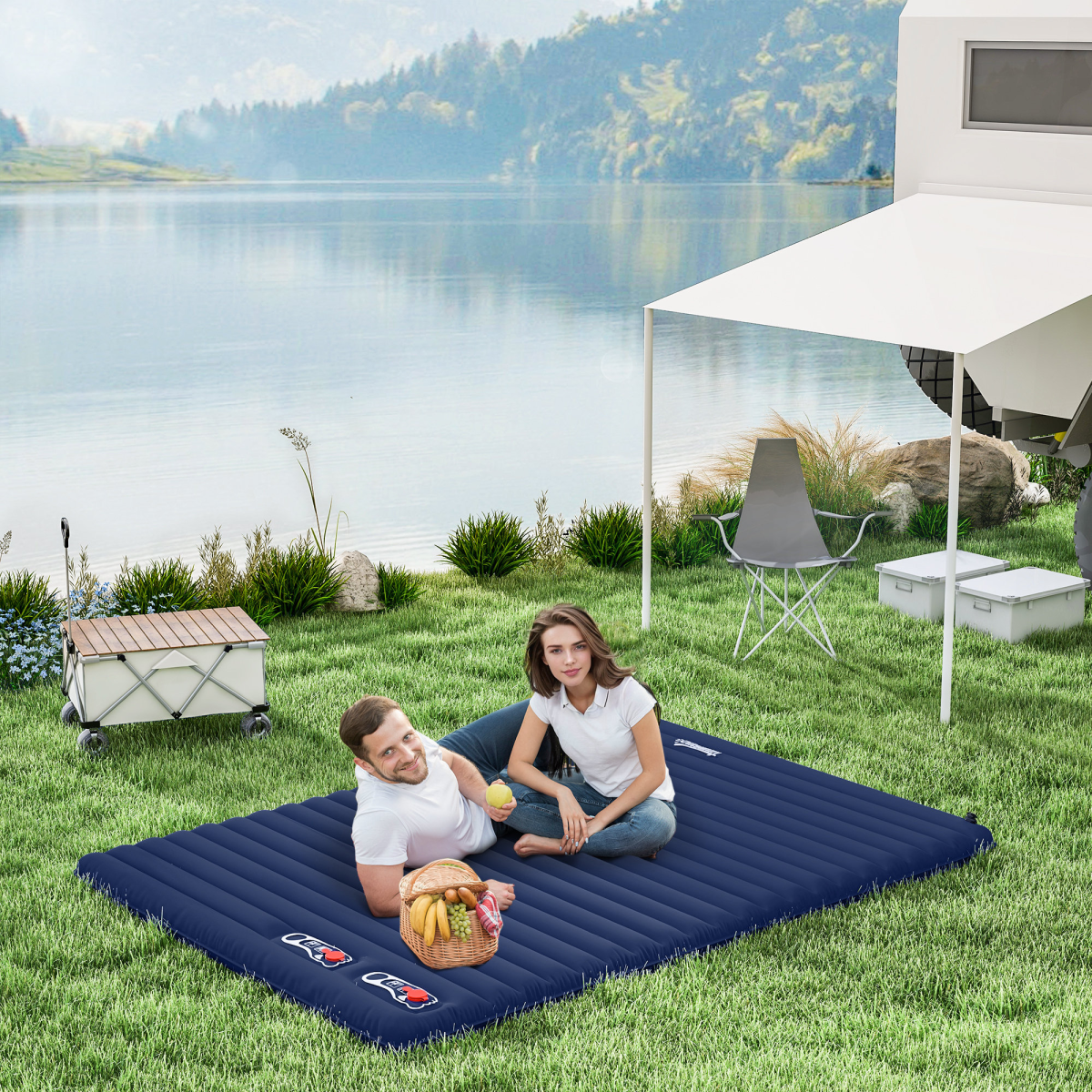 Double Inflatable Camping Mattress with Foot Pump & Carry Bag, Navy