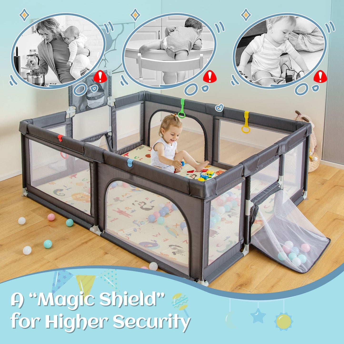 Large Baby Playpen with Safety Mat, Basketball Hoop & 50 Ocean Balls | Indoor & Outdoor Activity Centre