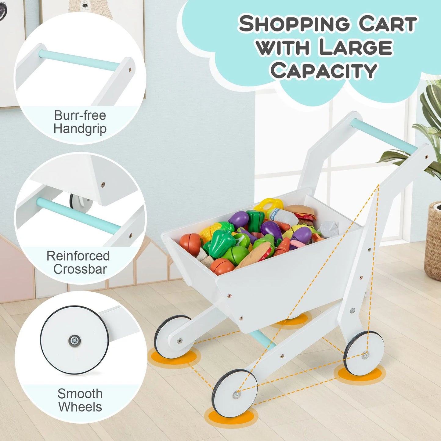 Kids Wooden Supermarket Play Set with Cash Register, LED Lights & Shopping Cart | 39-Piece Grocery Store Toy