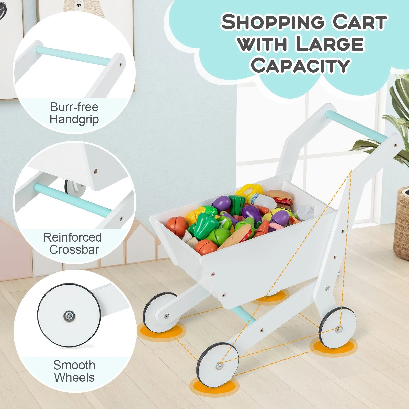 Kids Wooden Supermarket Play Set with Cash Register, LED Lights & Shopping Cart | 39-Piece Grocery Store Toy