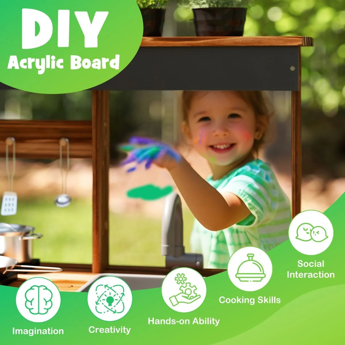 Mud Kitchen Fir Wood Play Kitchen with Planting Pots & Removable Sink