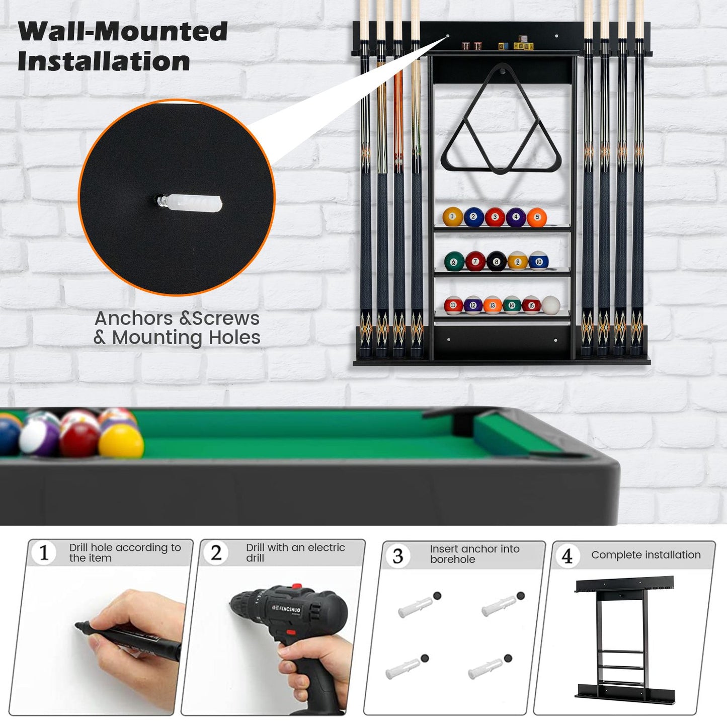 Wall-Mounted Billiard Cue Rack for Pool Sticks