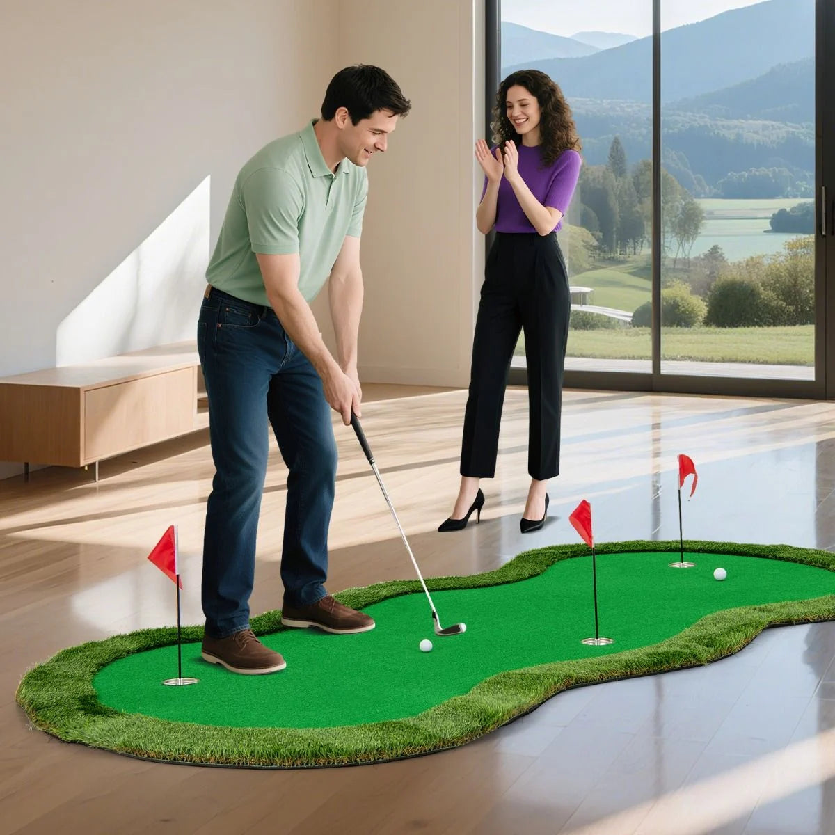 5 x 10 ft Professional Golf Practice Mat with Three Holes and Included Golf Balls for Home Use