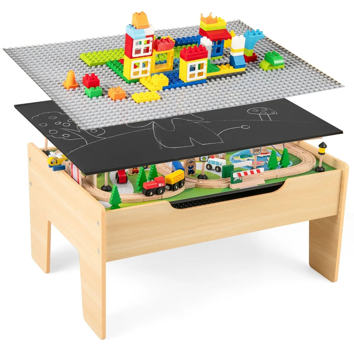 Wooden Train Table 78 Pieces Kids Activity Railway Playset
