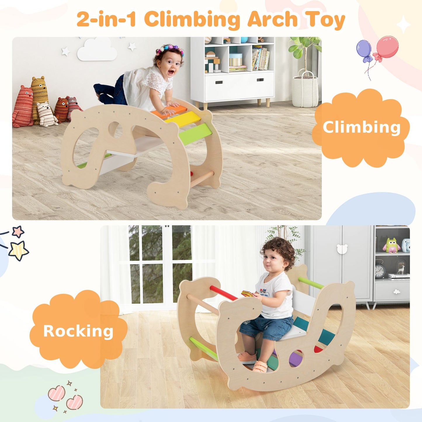 2-in-1 Montessori Wooden Rocking Horse & Climbing Arch for Toddlers | Balance Trainer Rocker | Indoor Play Toy Ages 1+