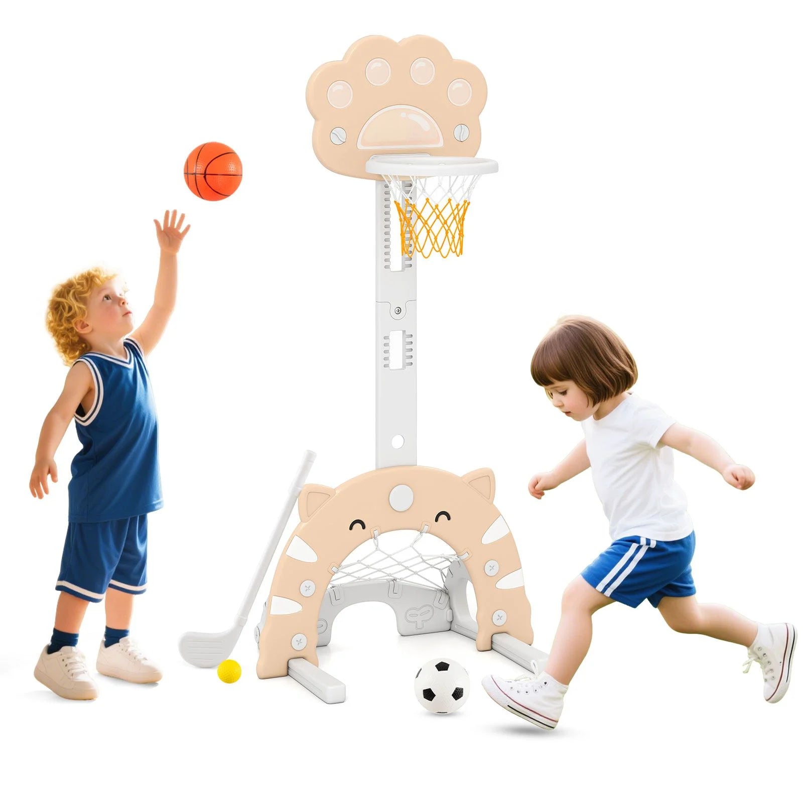 Adjustable 3-in-1 Kids Sports Center with Basketball Hoop and Soccer Game