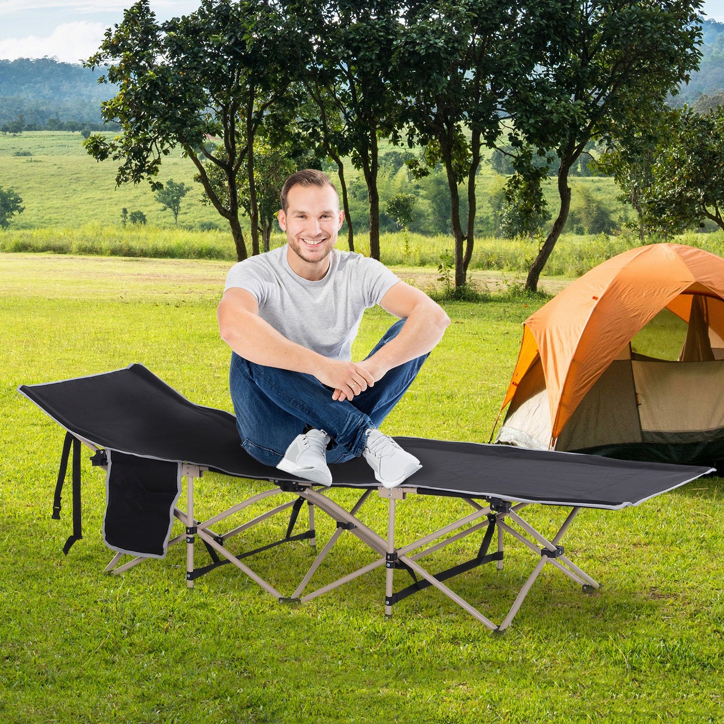Single Portable Outdoor Military Sleeping Bed Camping Cot Black Outsunny Black