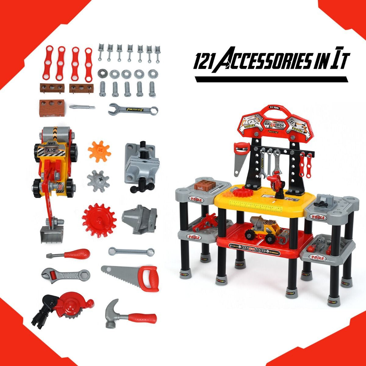 121-Piece Children's Pretend Play Tool Set with Double-Tier Workbench and Construction Accessories