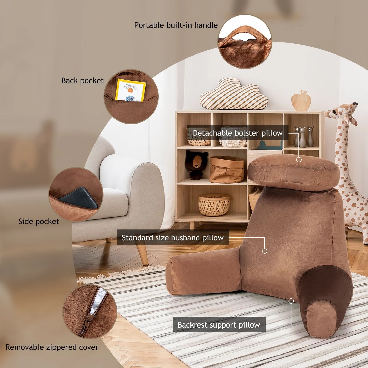 Extra Large Reading Pillow with Removable Neck Support