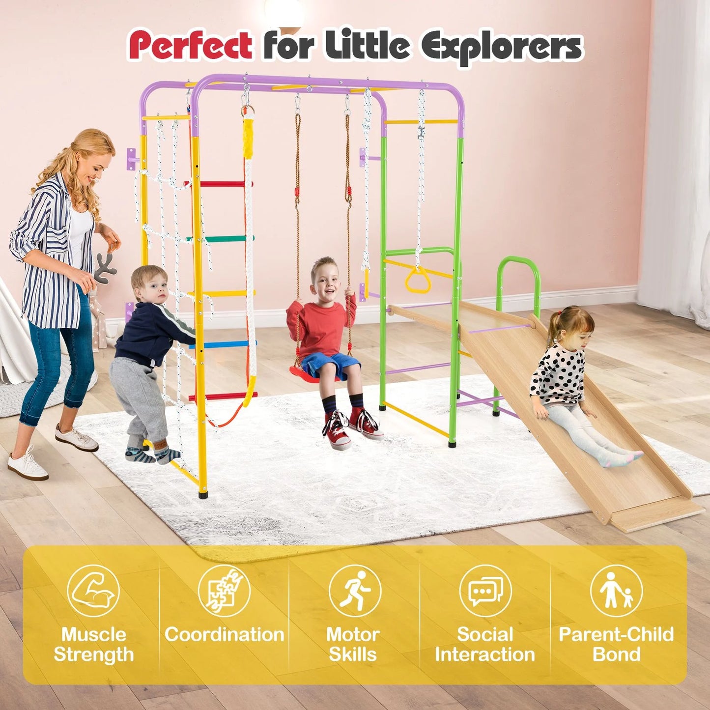 Metal Indoor Jungle Gym: 8-in-1 Climbing Playset for Children Aged 3 and Up