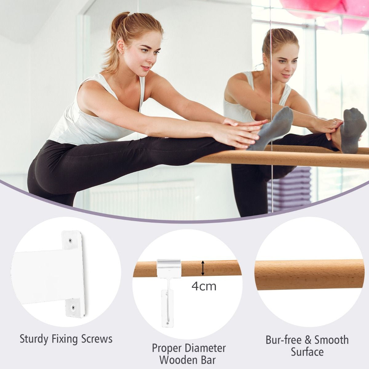 120CM Wall-Mounted Beech Wood Ballet Barre