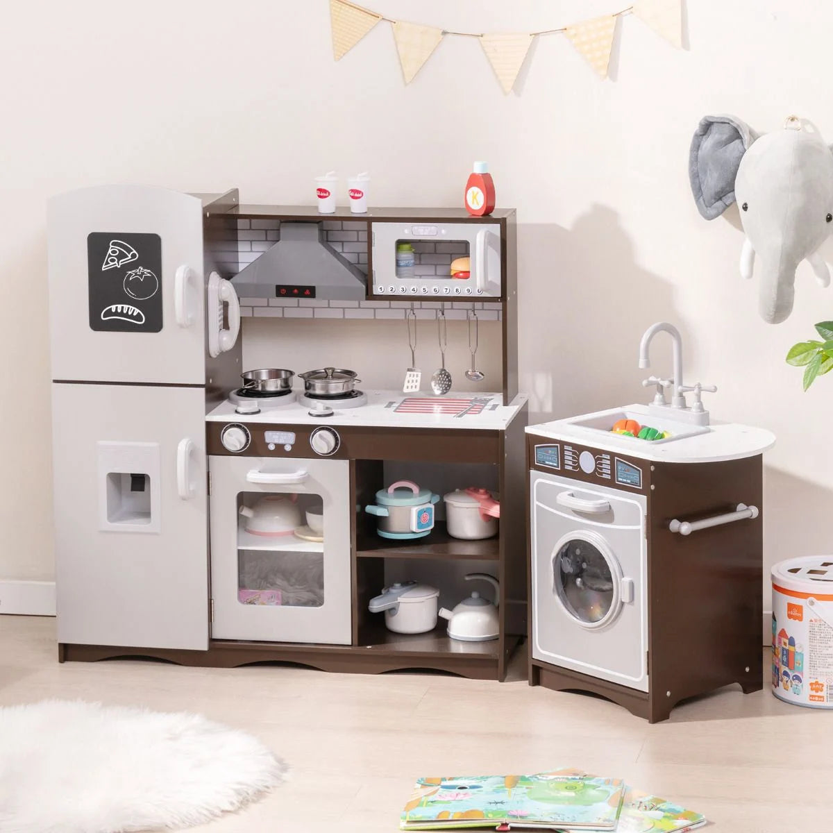 Deluxe Kids Wooden Kitchen Playset with Realistic Lights, Sounds & Ice Maker | Modern Pretend Cooking Station for Ages 3+