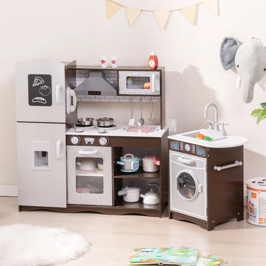 Deluxe Kids Wooden Kitchen Playset with Realistic Lights, Sounds & Ice Maker | Modern Pretend Cooking Station for Ages 3+