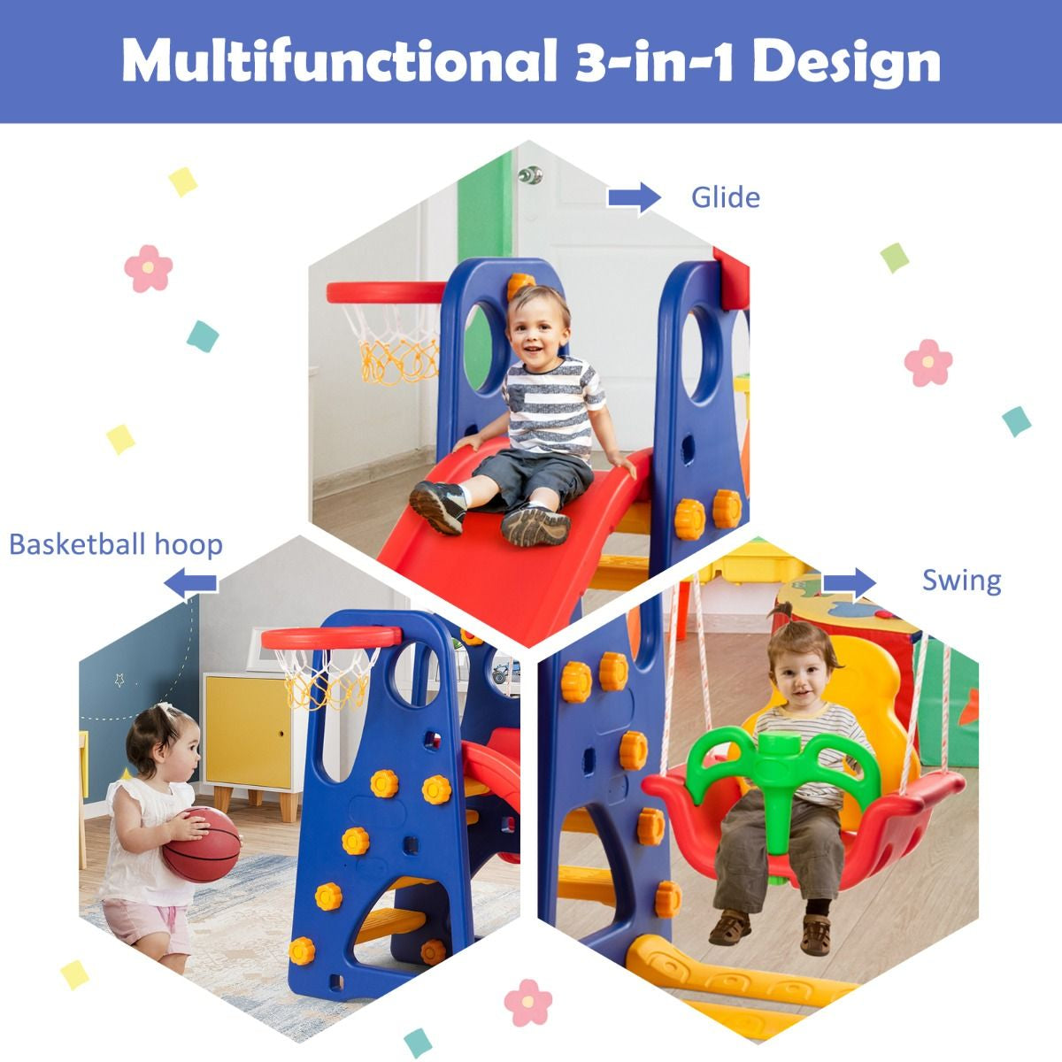 Toddler Slide, Swing, and Basketball Hoop Playset - 3-in-1 Activity Center