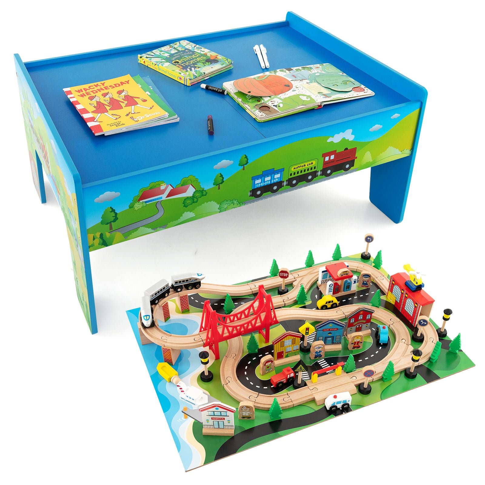 80-Piece Wooden Train Table Playset with Reversible Tabletop | Kids Railway Activity Table with Tracks, Trains & Accessories
