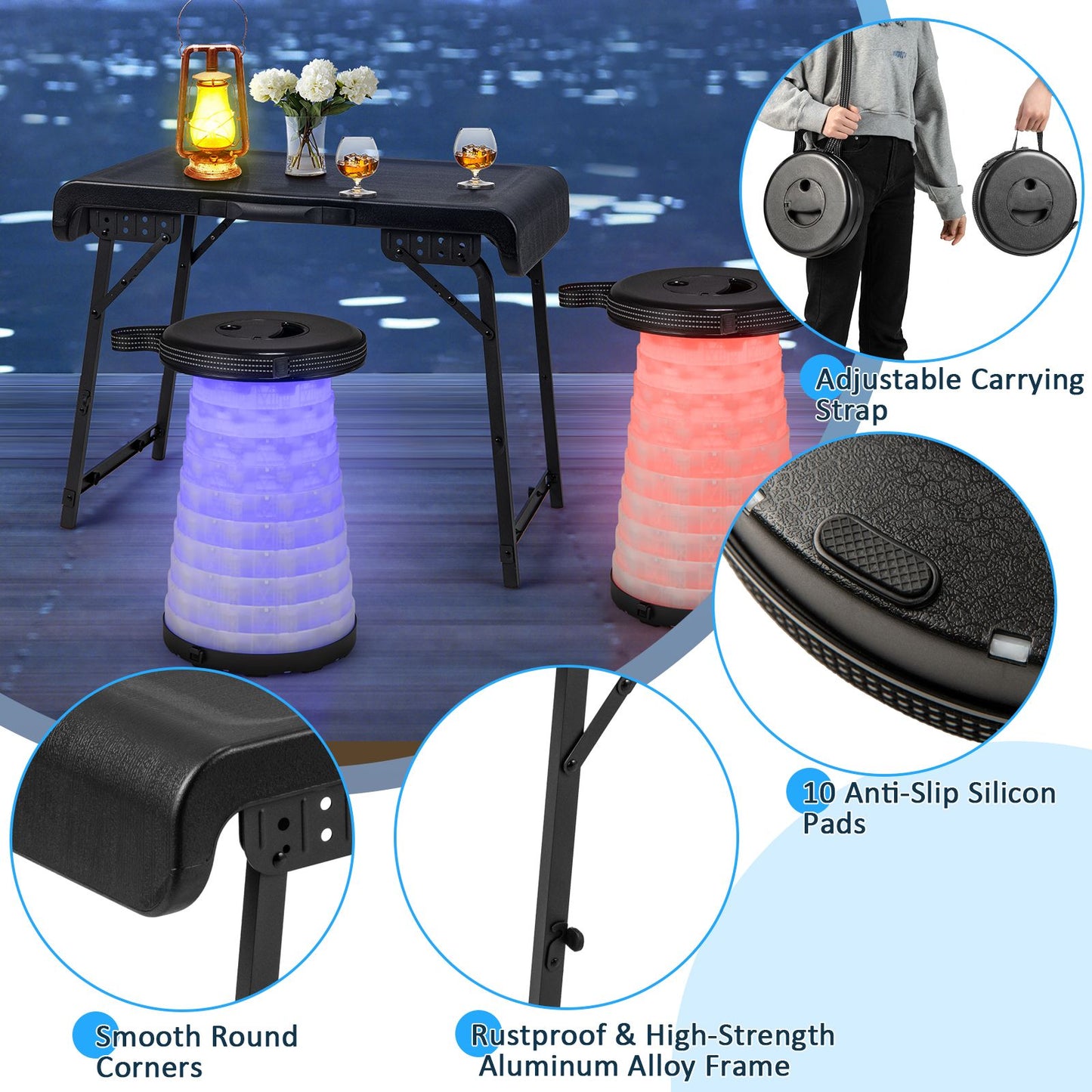 3-Piece Portable Folding Table and Stool Set with Retractable LED Lighting