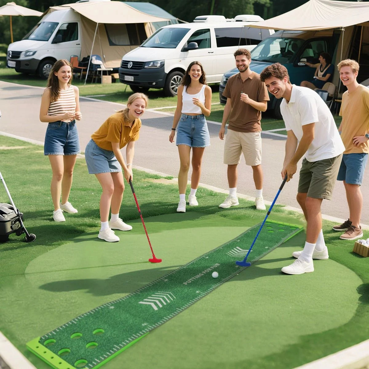 11-Foot Indoor Putting Green Mat with Adjustable Putters, Golf Balls, and Hole Covers for Events