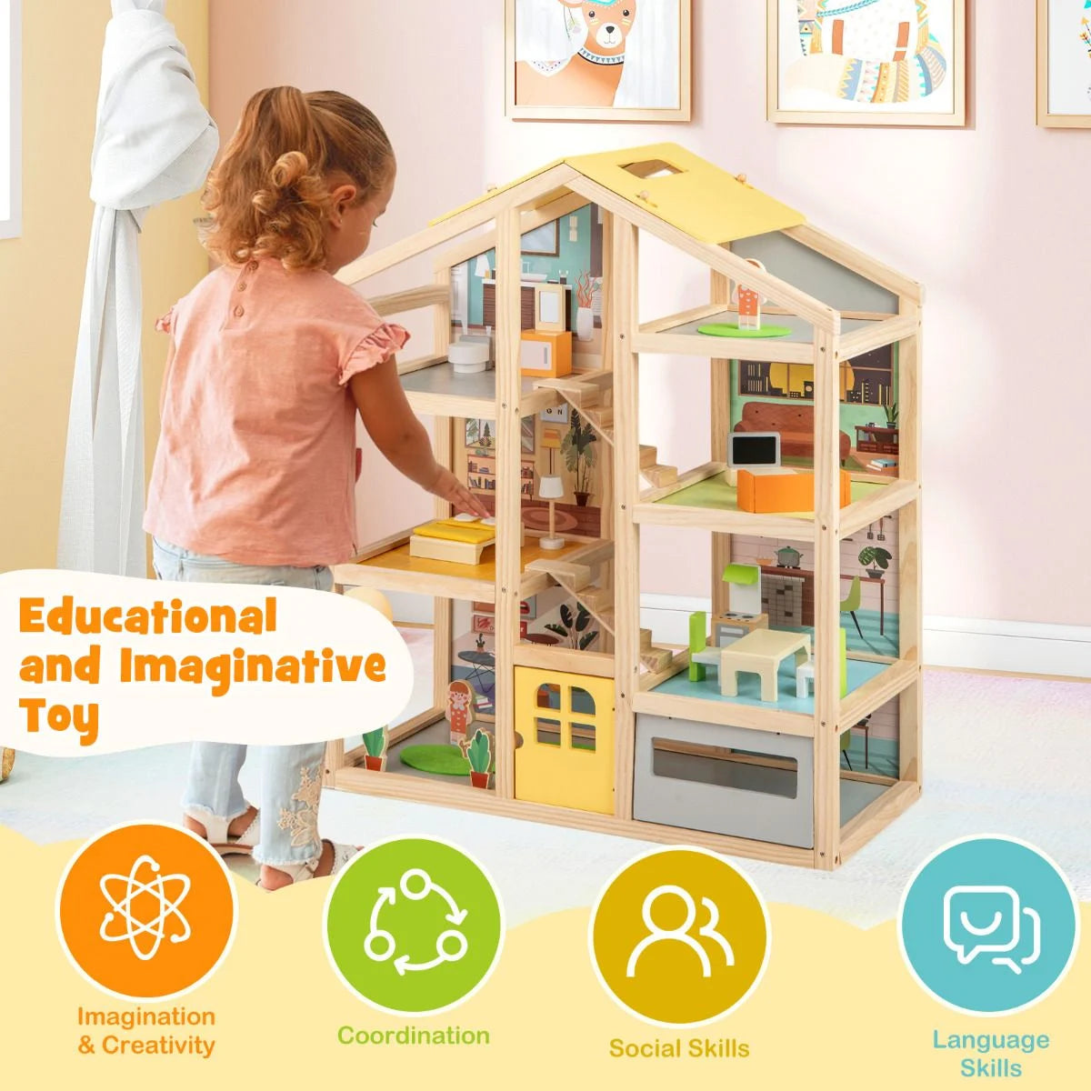 Kids Wooden Dollhouse with 7 Rooms, Figures & 18 Furniture Pieces | Pretend Play Toy for Ages 3+
