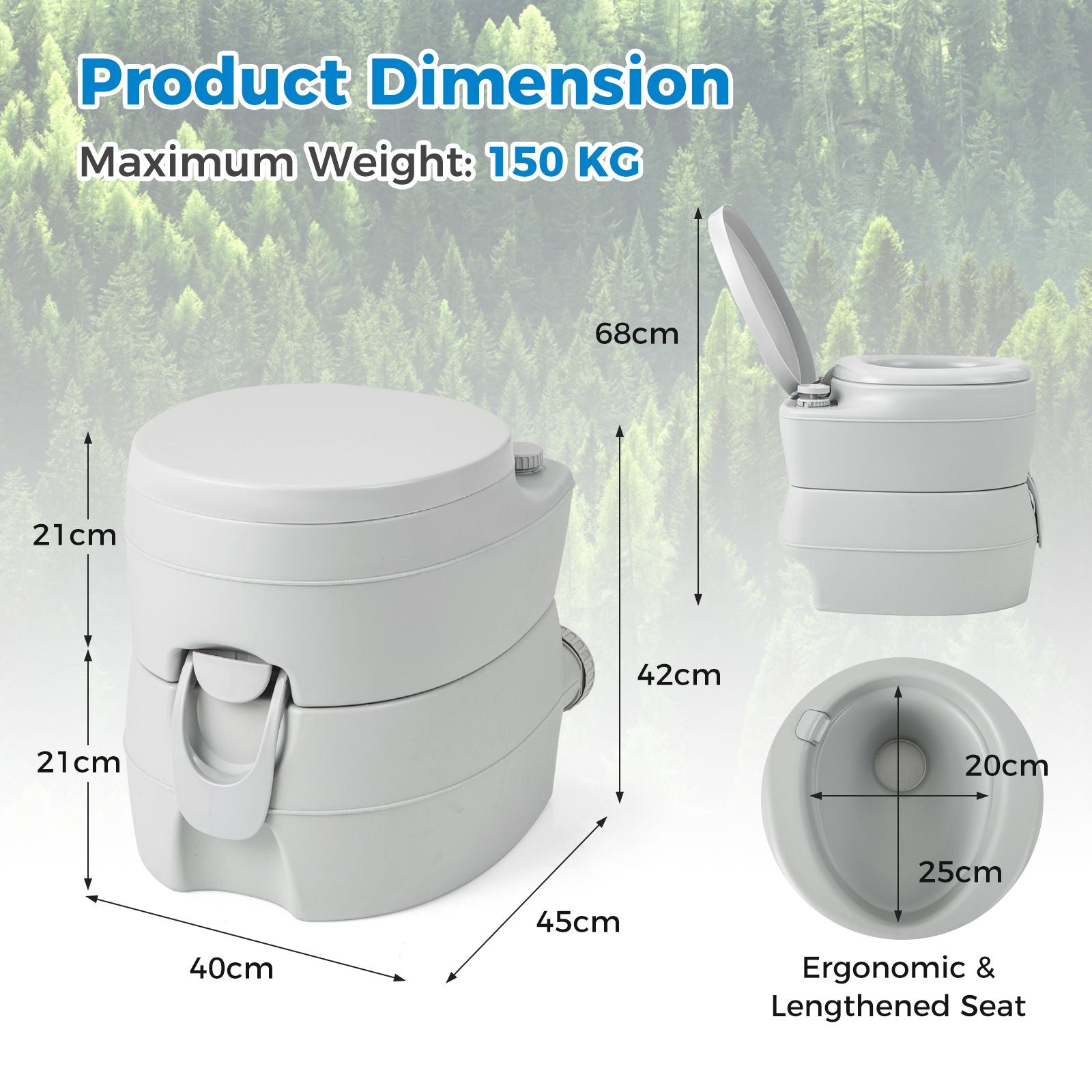 Portable Camping Toilet with 20L Waste Tank & 12L Fresh Water Tank | Odour-Free Flush System