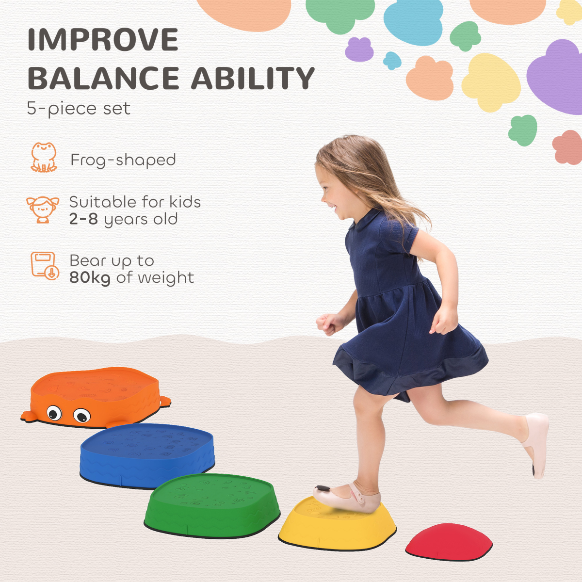 AIYAPLAY 5-Piece Kids Frog-Shaped Stepping Stones – Balance & Sensory Play