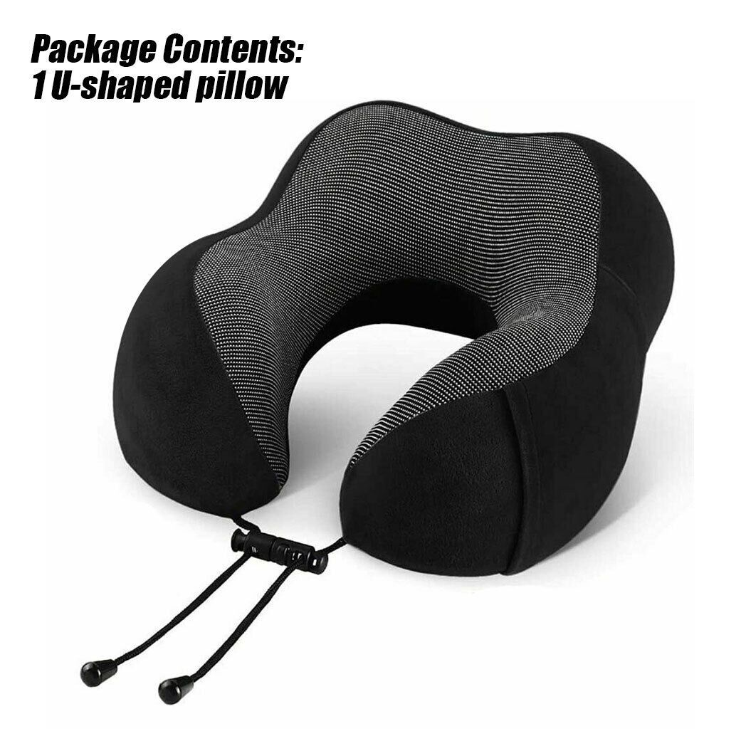 Memory Foam Travel Pillow – Neck Support Cushion with Adjustable Drawstring (Black/Grey)