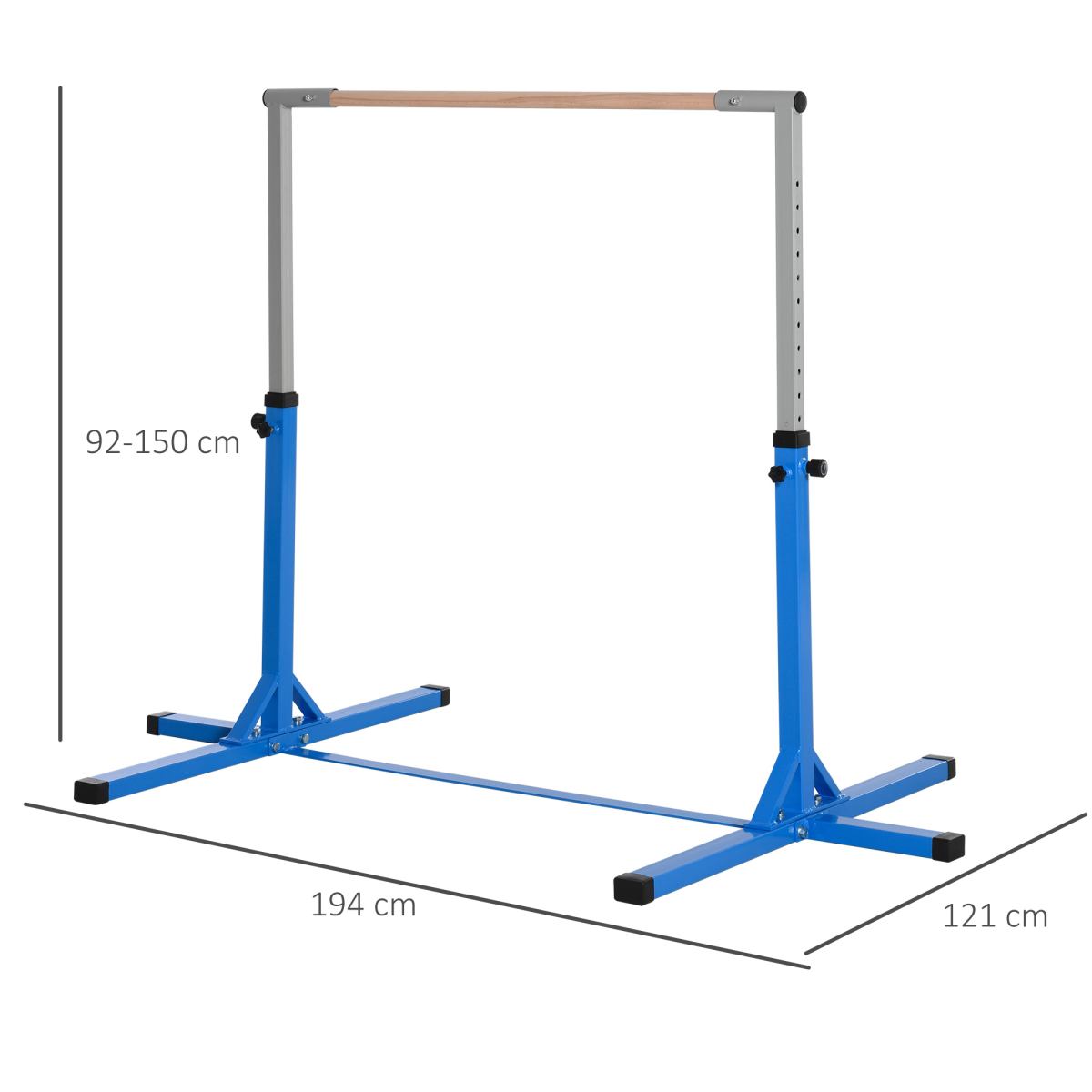 Adjustable Kids Gymnastics Bar – Horizontal Training Bar with Steel Frame & Beech Wood Top, 13 Height Levels (92–150cm), Stable ‘T’ Base – Blue - All Round Fitness