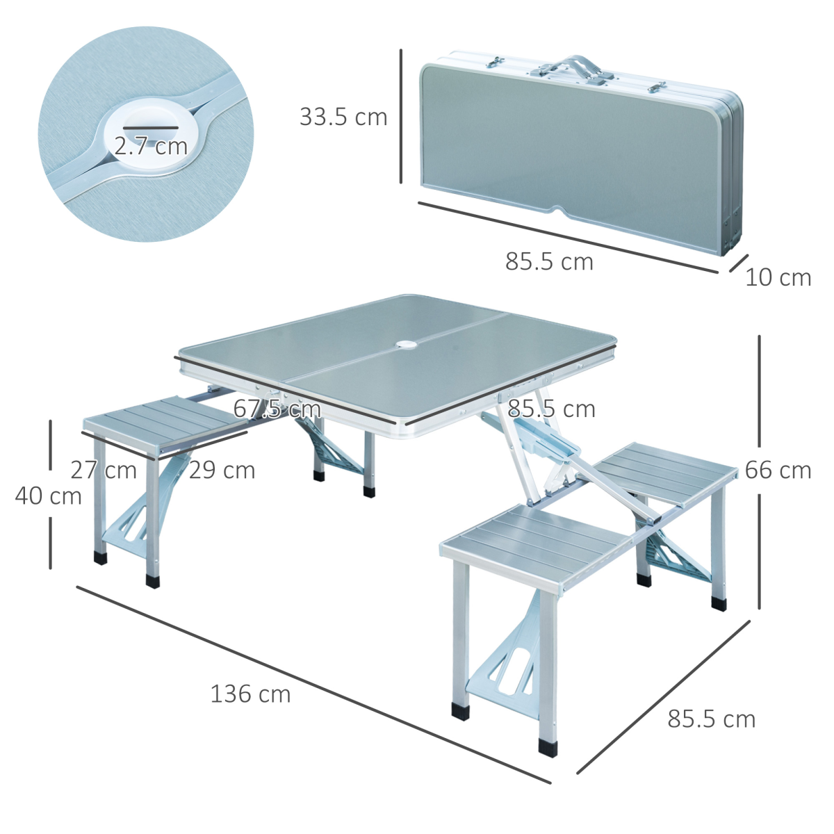 Outsunny Portable Folding Picnic Table with 4 Seats & Umbrella Hole – Lightweight Aluminium