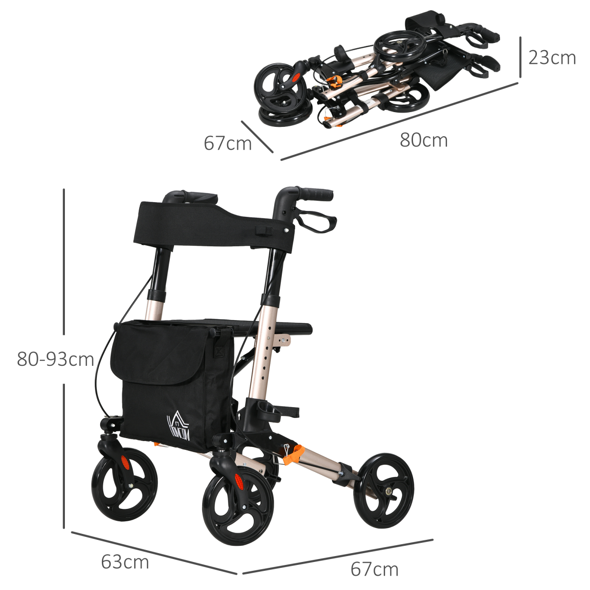 HOMCOM 4 Wheel Rollator Walker with Seat, Adjustable Mobility Walker with Bag, Gold Frame