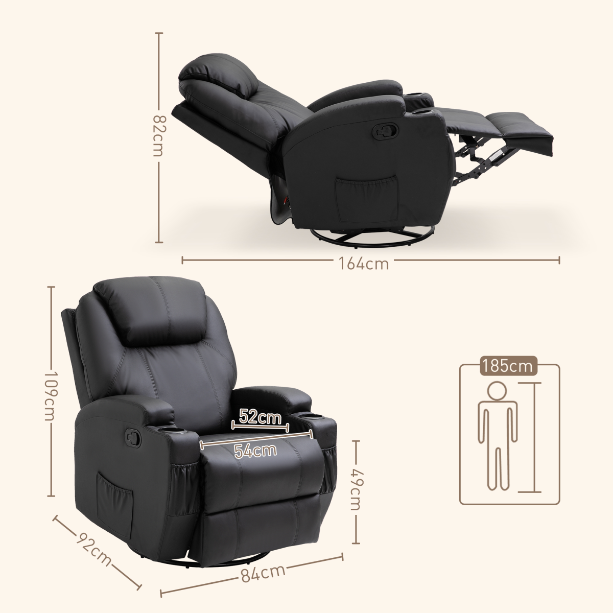 Faux Leather Electric Massage Recliner Chair – 8-Point Vibration, Remote Control & 360° Swivel - All Round Fitness