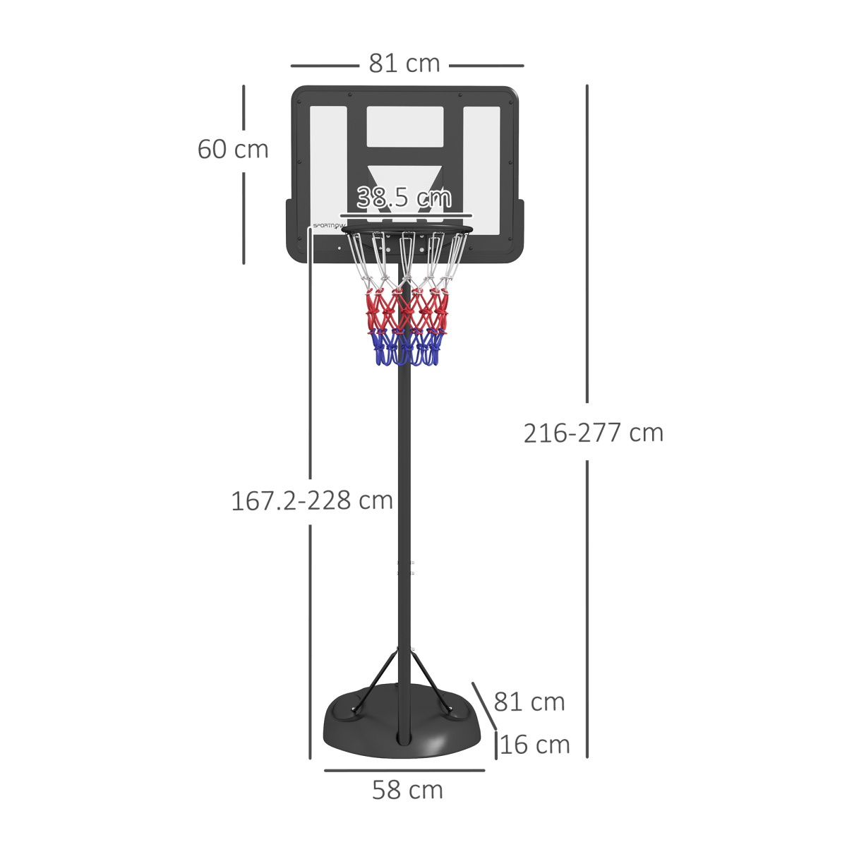 Adjustable Basketball Hoop and Stand with Weighted Base & Wheels, 1.7–2.3m – Black