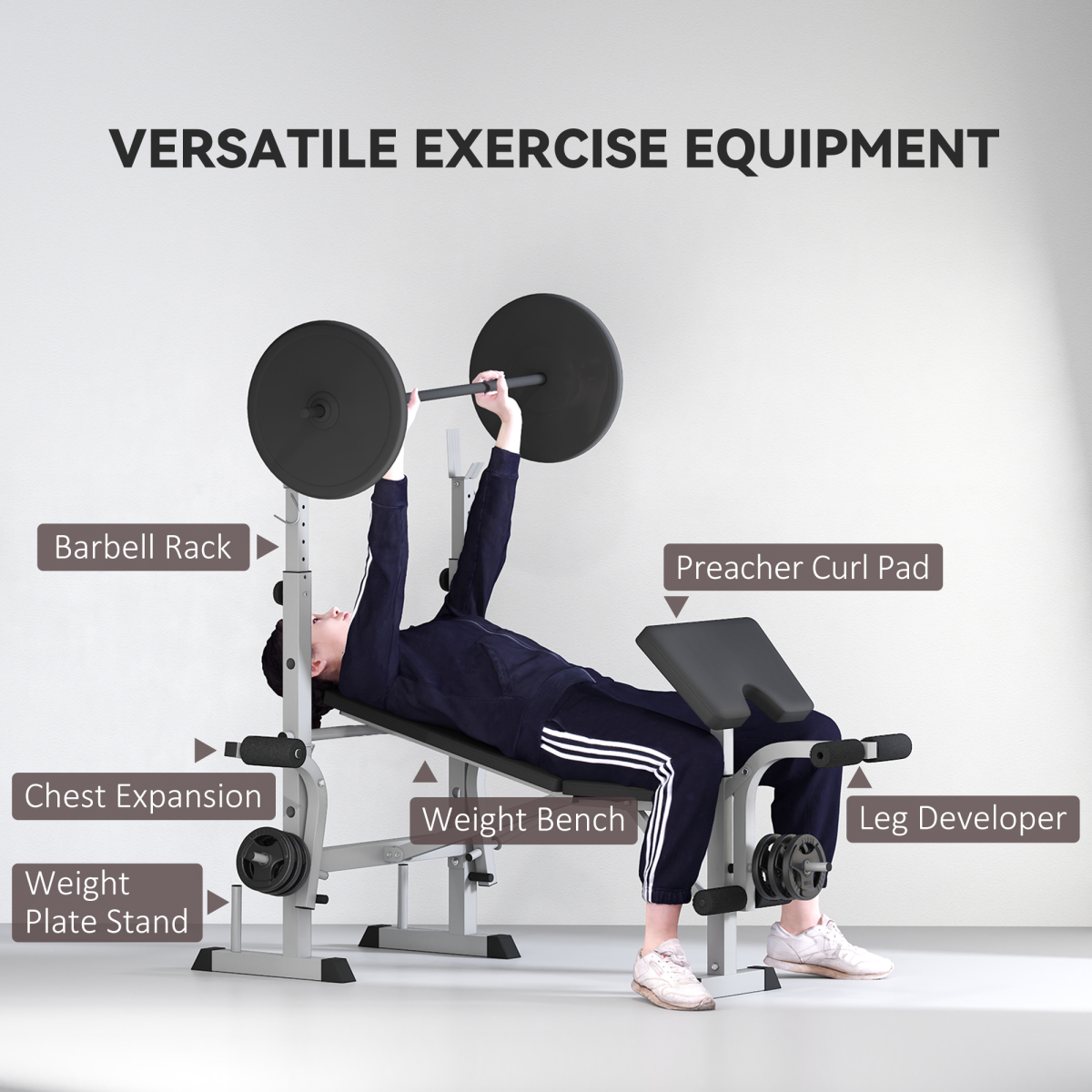 Adjustable Weight Bench with Squat Rack, Leg Developer & Preacher Curl, Grey