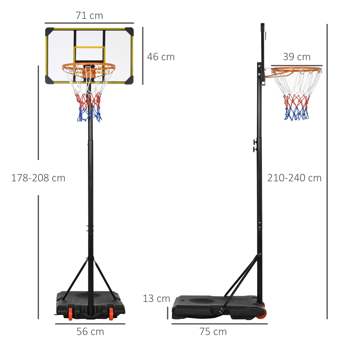 Adjustable Basketball Hoop and Stand with Wheels, 1.8–2.1m, Yellow