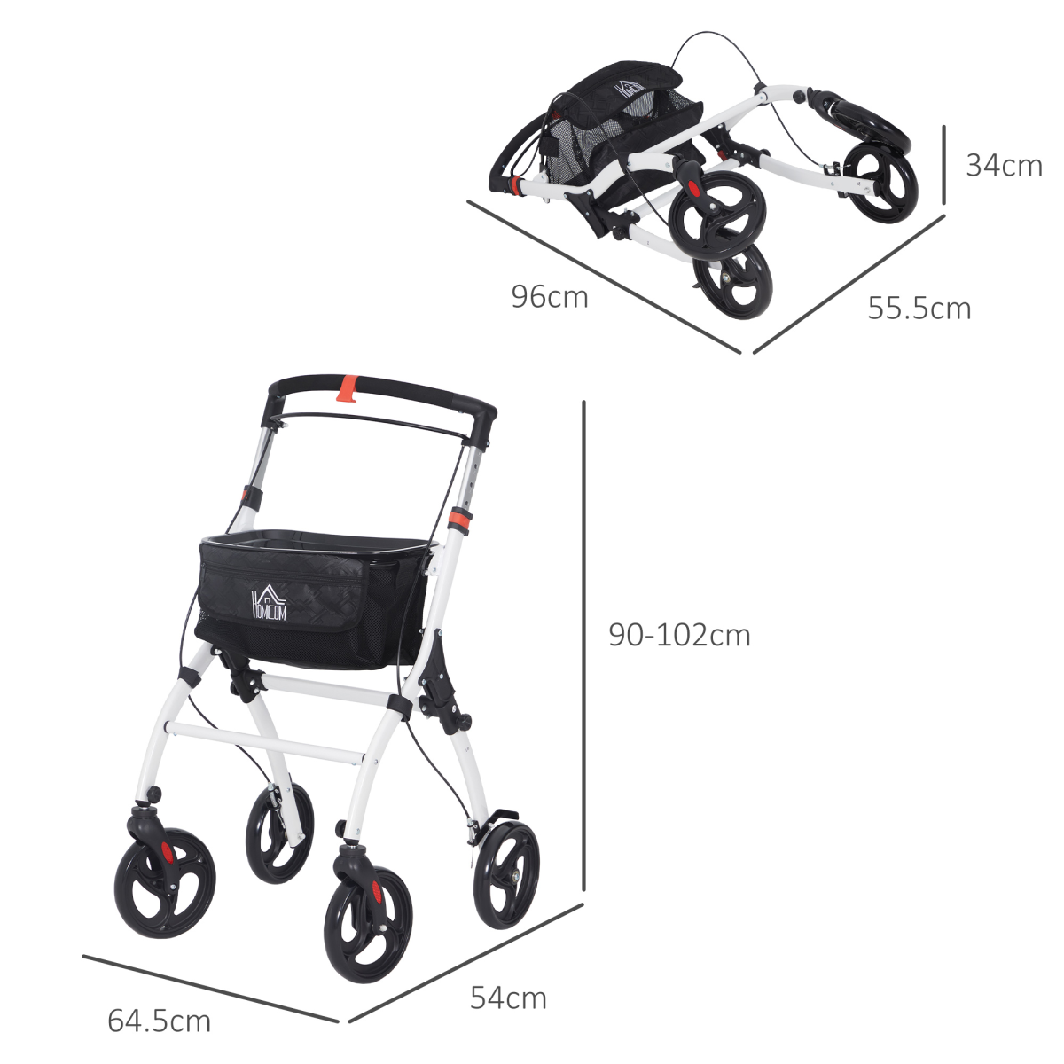 HOMCOM Upright Rollator Walker with Seat Tray, Folding Aluminium Mobility Aid with Storage Bag, White