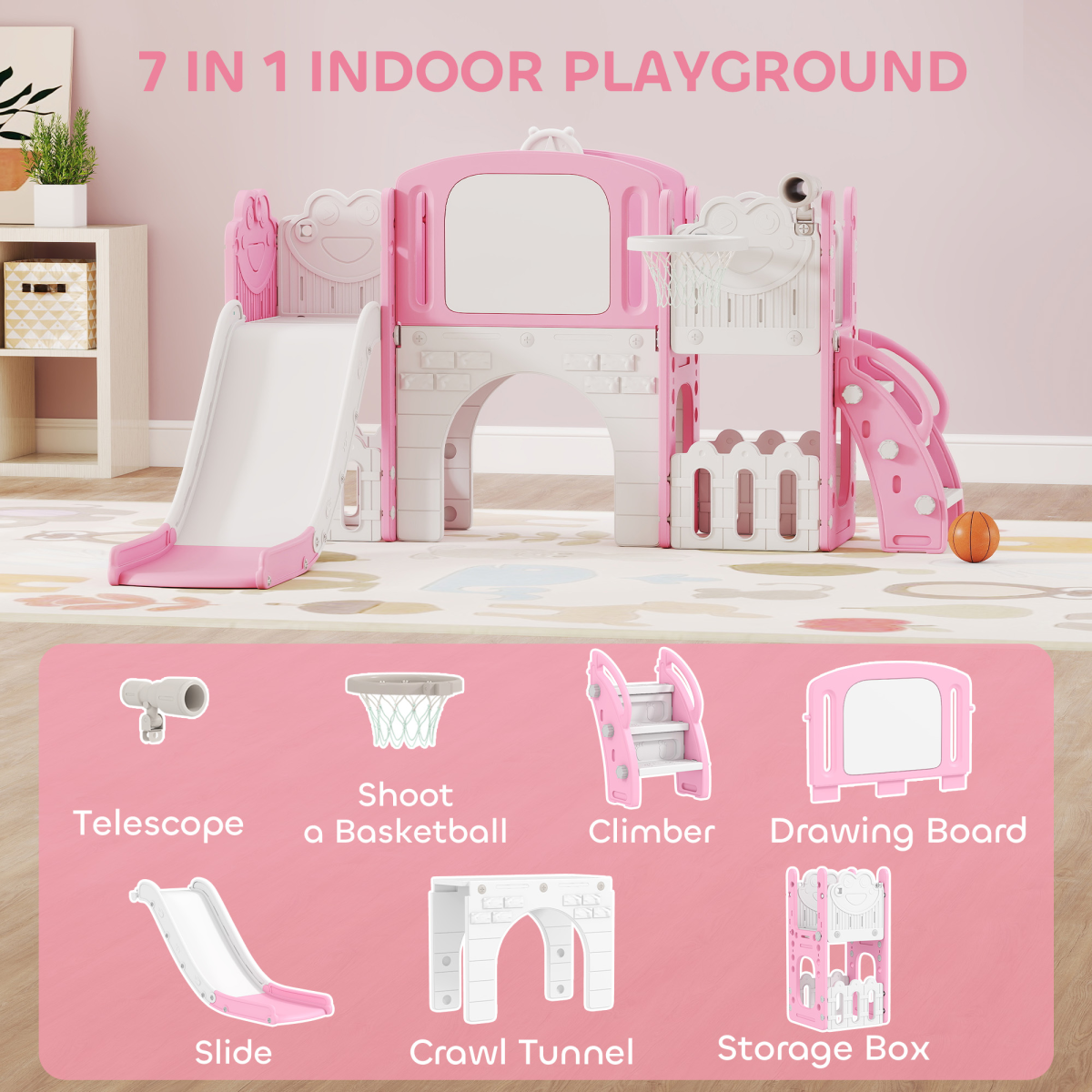 AIYAPLAY 7-in-1 Toddler Slide & Playset with Basketball Hoop, Drawing Board & Tunnel – Pink Frog Theme
