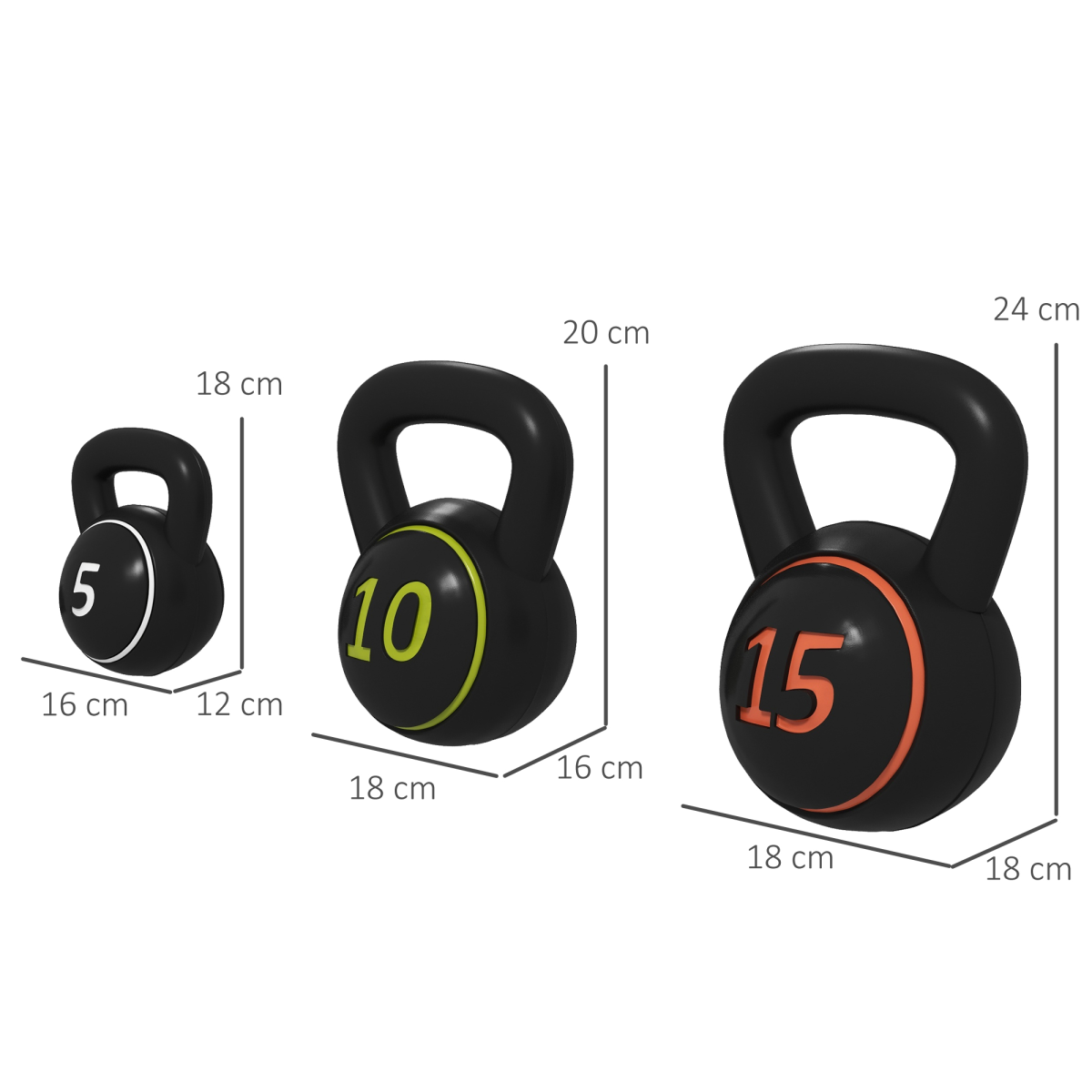 SPORTNOW 3-Piece Kettlebell Set with Storage Tray – 5lb, 10lb & 15lb Weights (2.2kg, 4.5kg, 6.8kg)