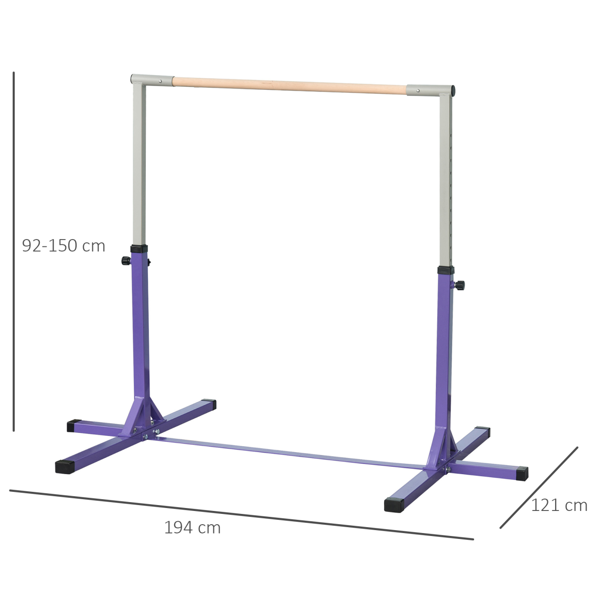 Adjustable Kids Gymnastics Bar – Horizontal Training Bar with Steel Frame & Beech Wood Top, 13 Height Levels (95–145cm), Stable ‘T’ Base – Purple - All Round Fitness