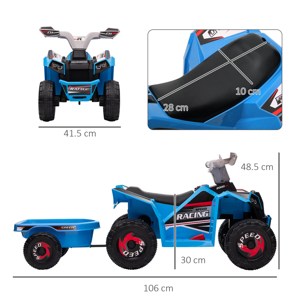 Kids Electric Quad Bike 6V Ride-On ATV with Trailer – Blue