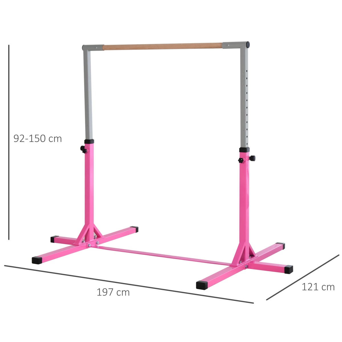 Adjustable Kids Gymnastics Bar – Horizontal Training Bar with Steel Frame & Beech Wood Top, 13 Height Levels (95–145cm), Stable ‘T’ Base – Pink - All Round Fitness