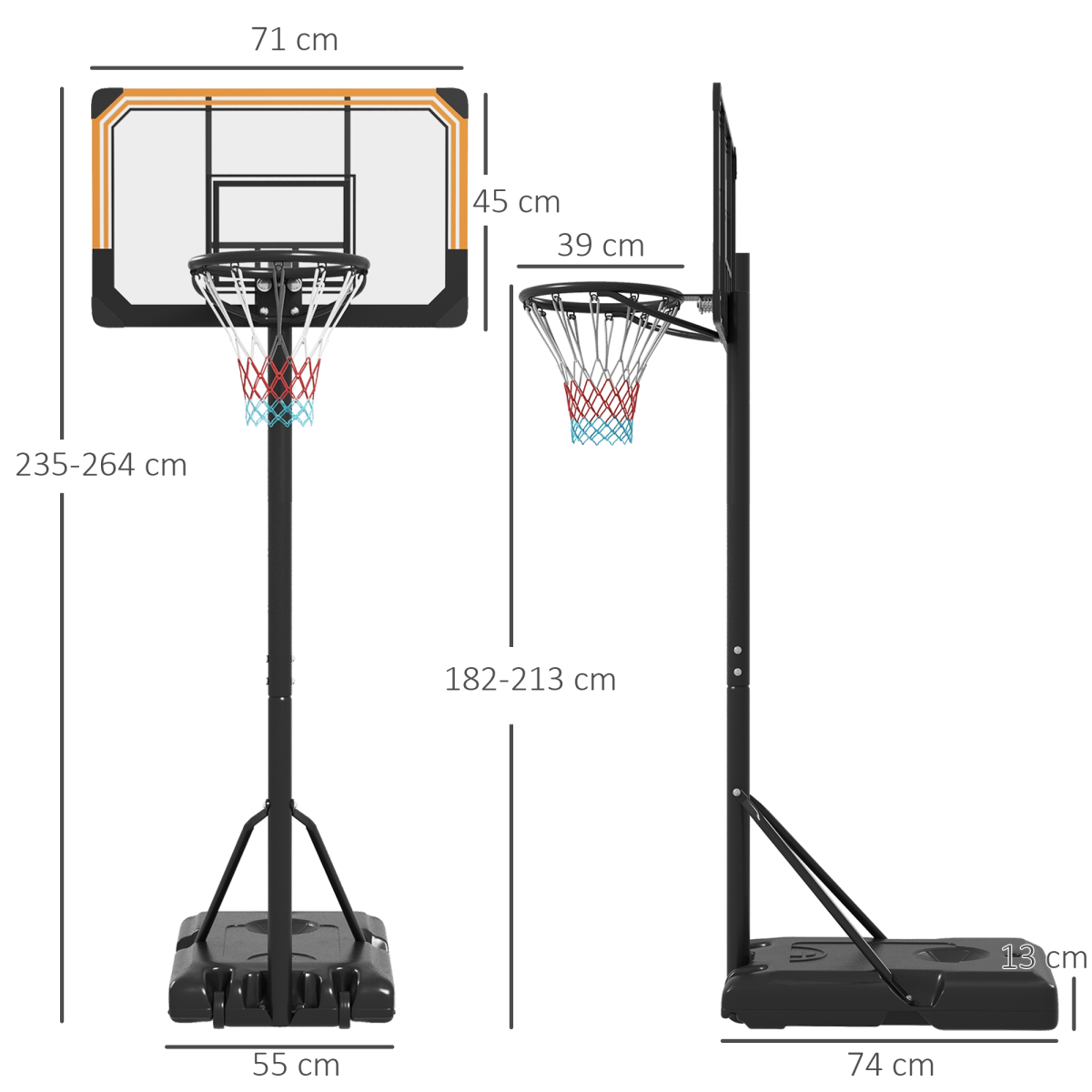 Basketball Backboard Hoop Net Set with Wheels, 182–213cm, Black