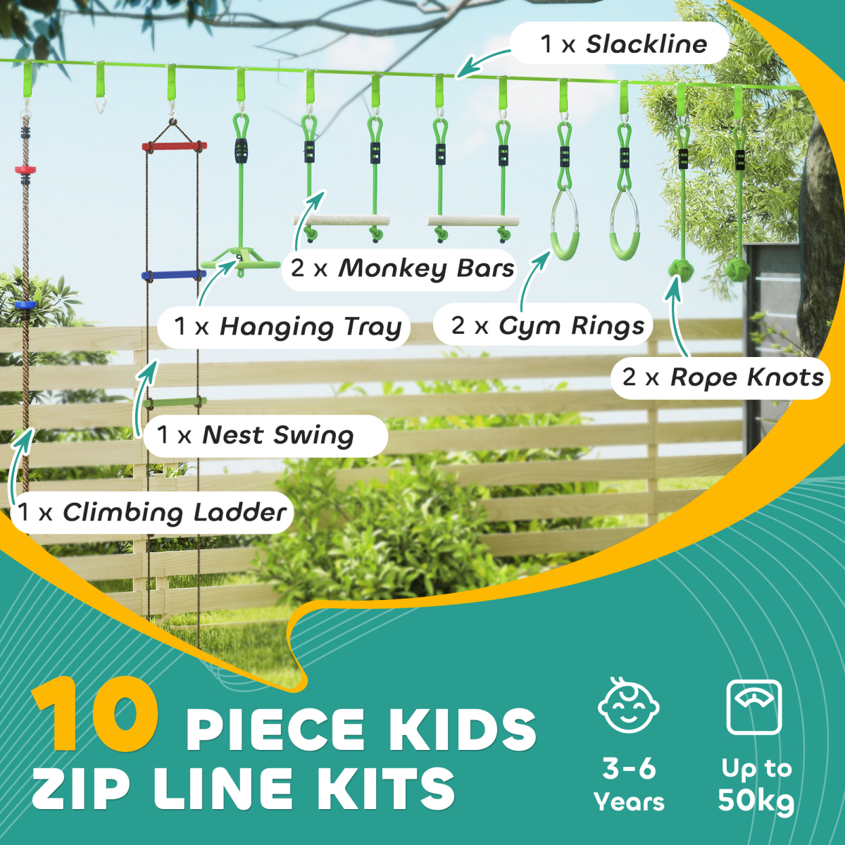 AIYAPLAY Kids Obstacle Course with 10PC Slackline Kit – Outdoor Adventure Playset, Green