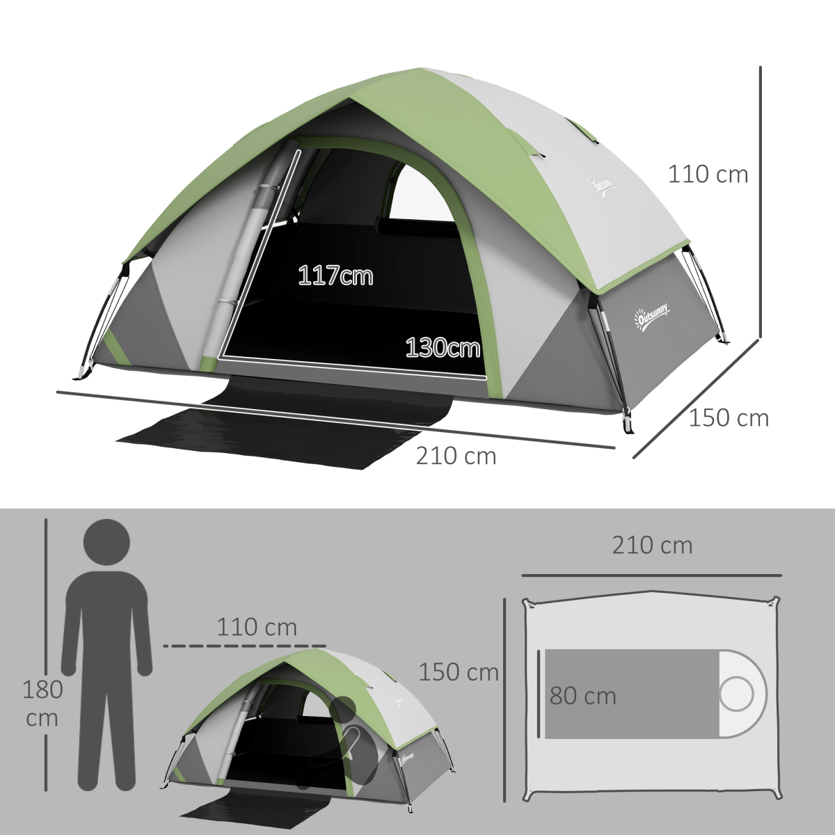 Outsunny 2-Person Dome Camping Tent with Groundsheet, 3000mm Waterproof & Ventilation Window – Green