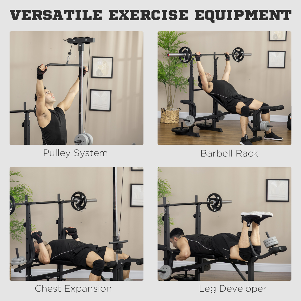 Adjustable Weight Bench with Barbell Rack & Pulley System – Full Body Workout