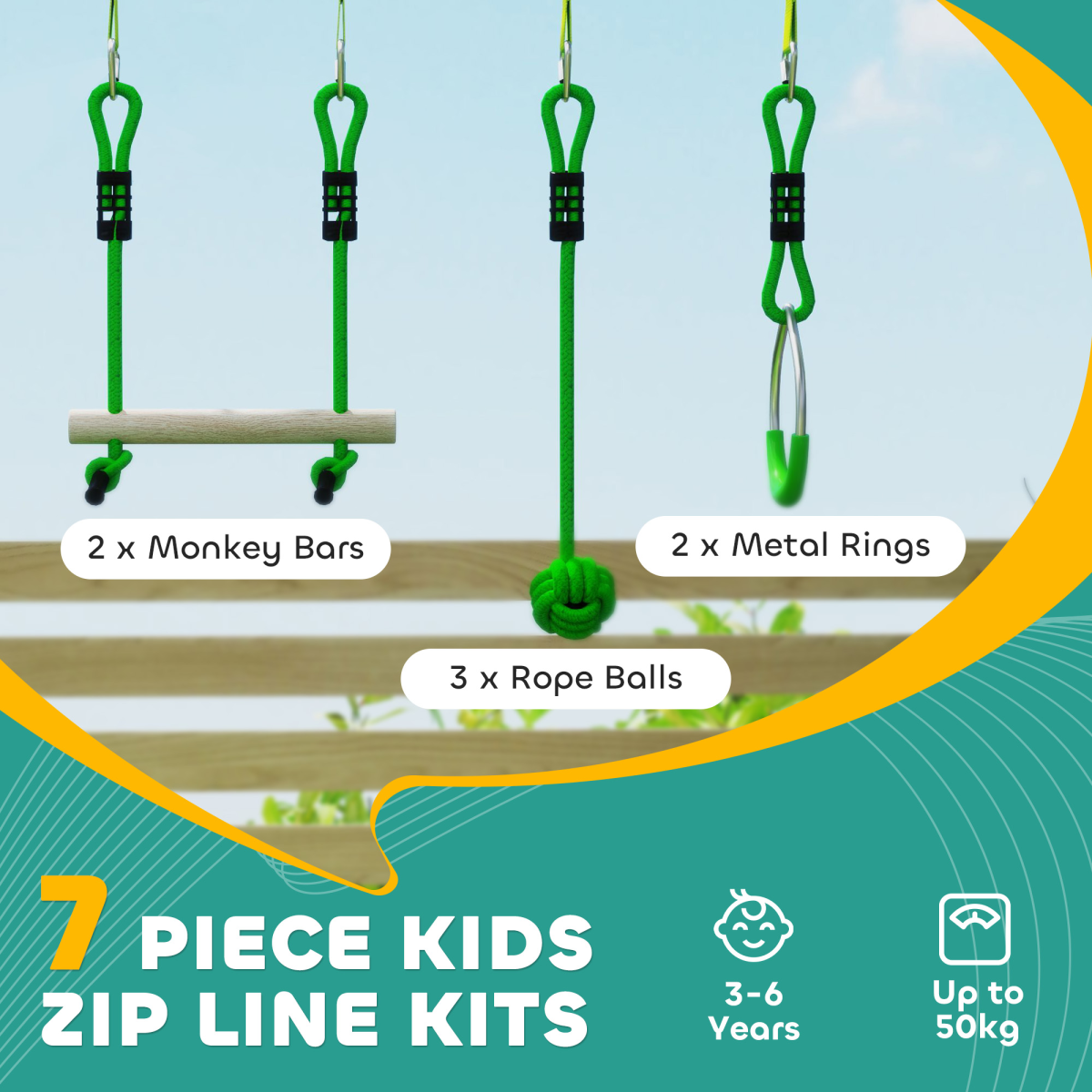 AIYAPLAY Kids Zipline Kit with Rings, Monkey Bars & Grip Balls – Outdoor Adventure Playset, Green
